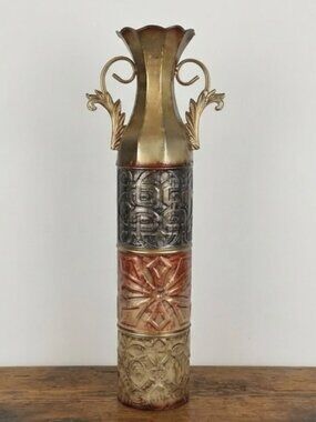 Tall Metal Floor Vase 23" Embossed Panels Scalloped Rim Accent Boho Home Decor